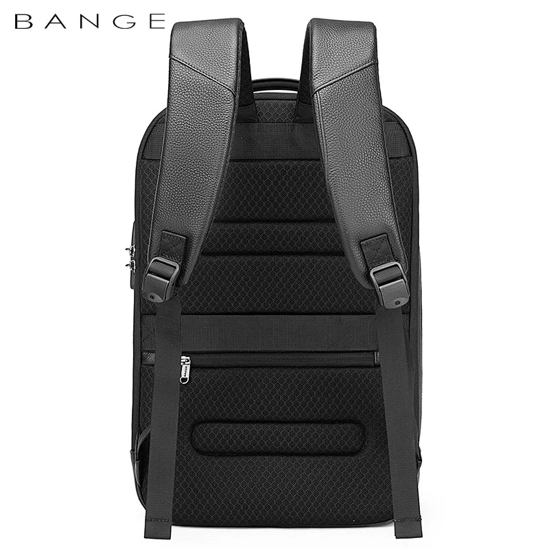 Back view of the BANGE 6622 leather anti-theft laptop backpack showing padded breathable back panel, adjustable shoulder straps, and ergonomic design on a white background
