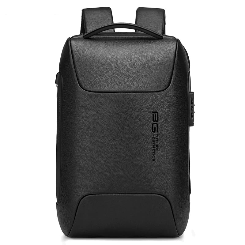 Front view of the BANGE 6622 leather anti-theft laptop backpack with minimalist design, hidden zippers, and subtle BANGE branding on a white background