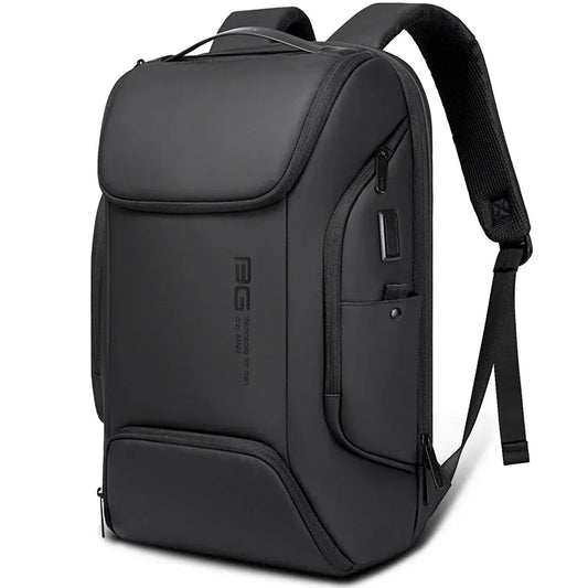 Front view of a black BANGE 7267 Strava waterproof backpack showing the front pocket and shoulder strap on a white background