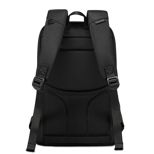 BANGE 7663 black backpack back view with padded shoulder straps on a white background