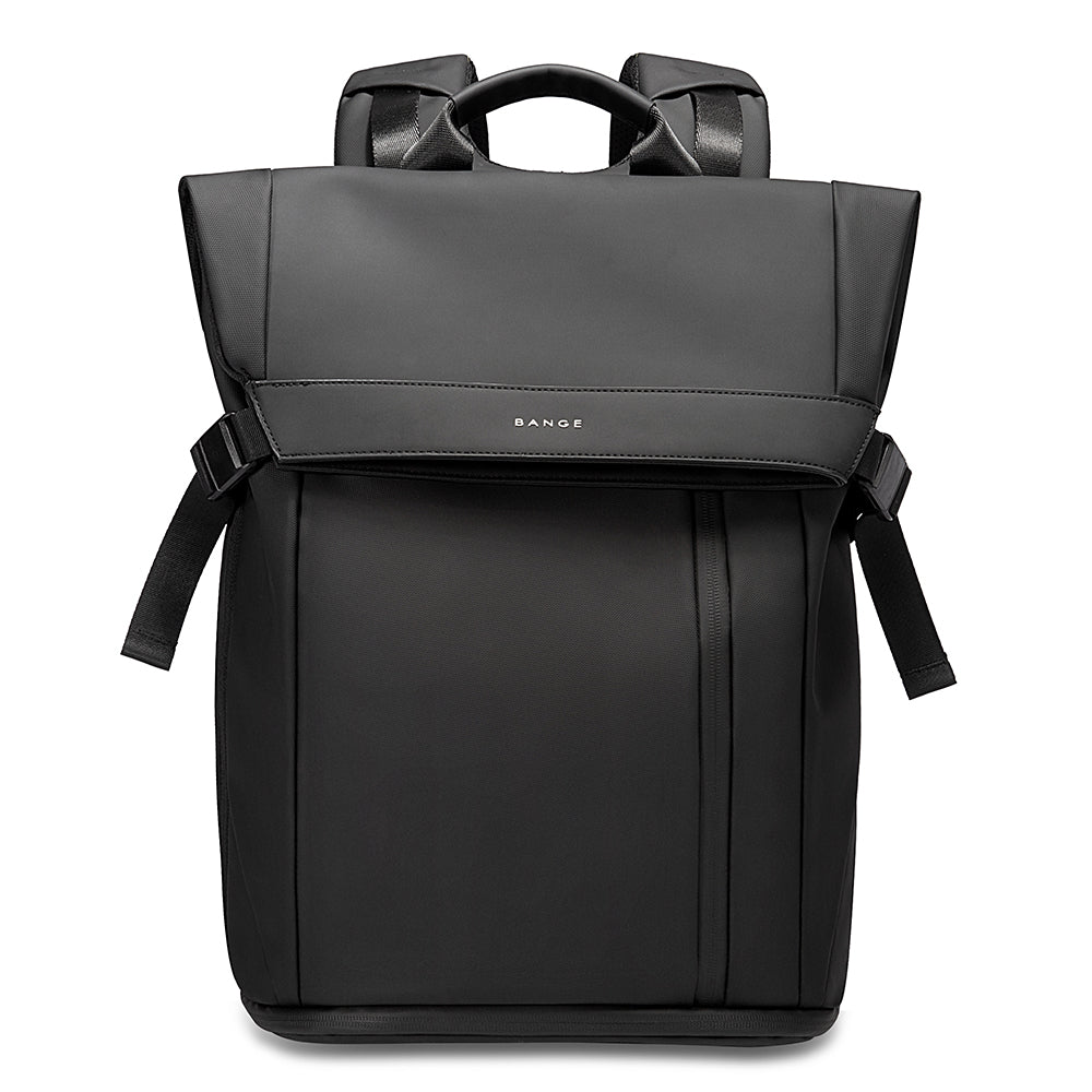 BANGE 7700 Flexon laptop backpack front view with roll-top closure and structured black design on a white background