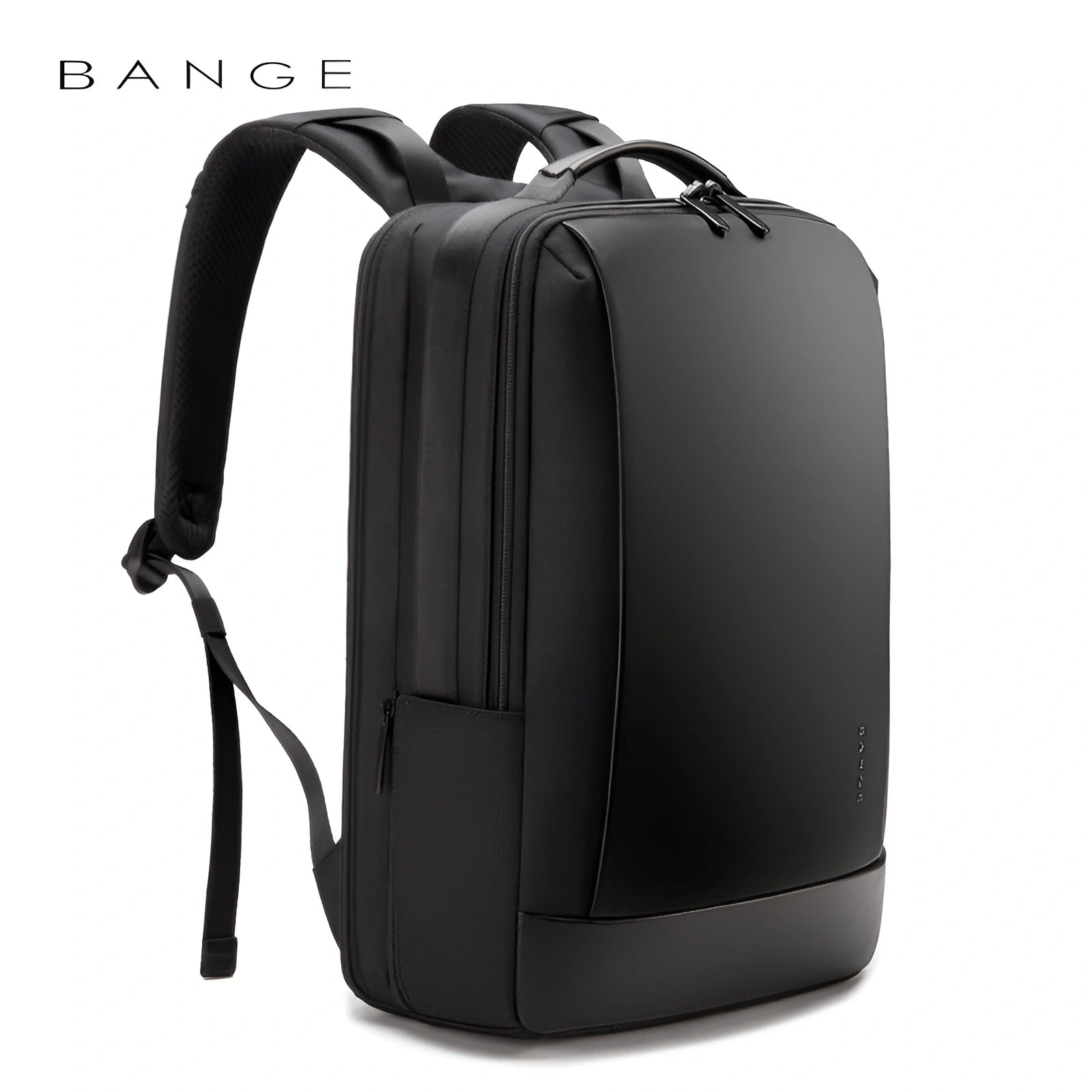 Angled front view of the BANGE anti-theft hard shell laptop backpack with minimalist design and smooth matte finish on a white background