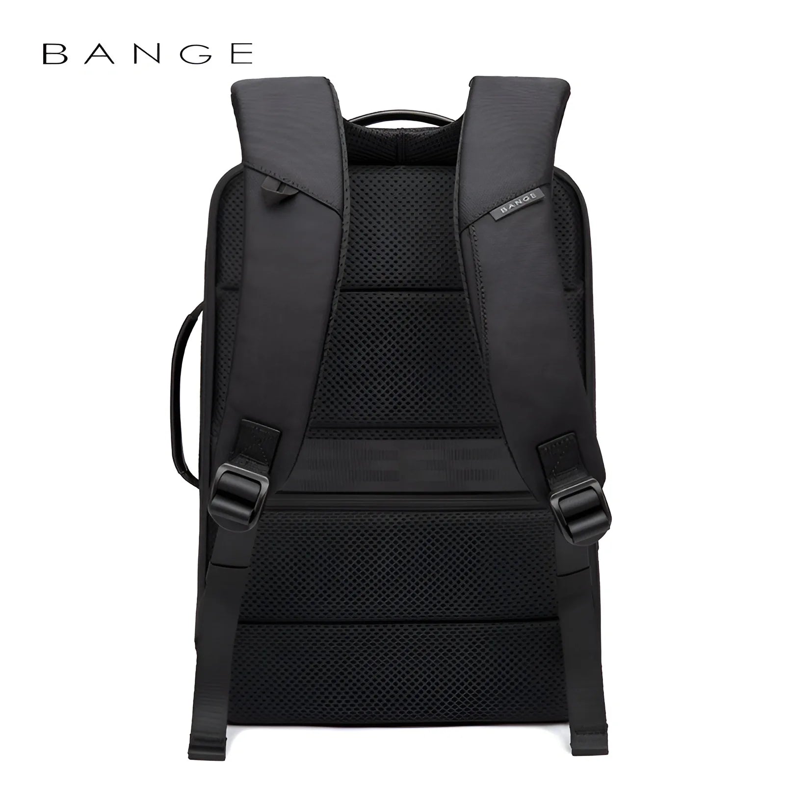 Back view of the BANGE anti-theft hard shell laptop backpack showing padded shoulder straps and breathable mesh back panel on a white background