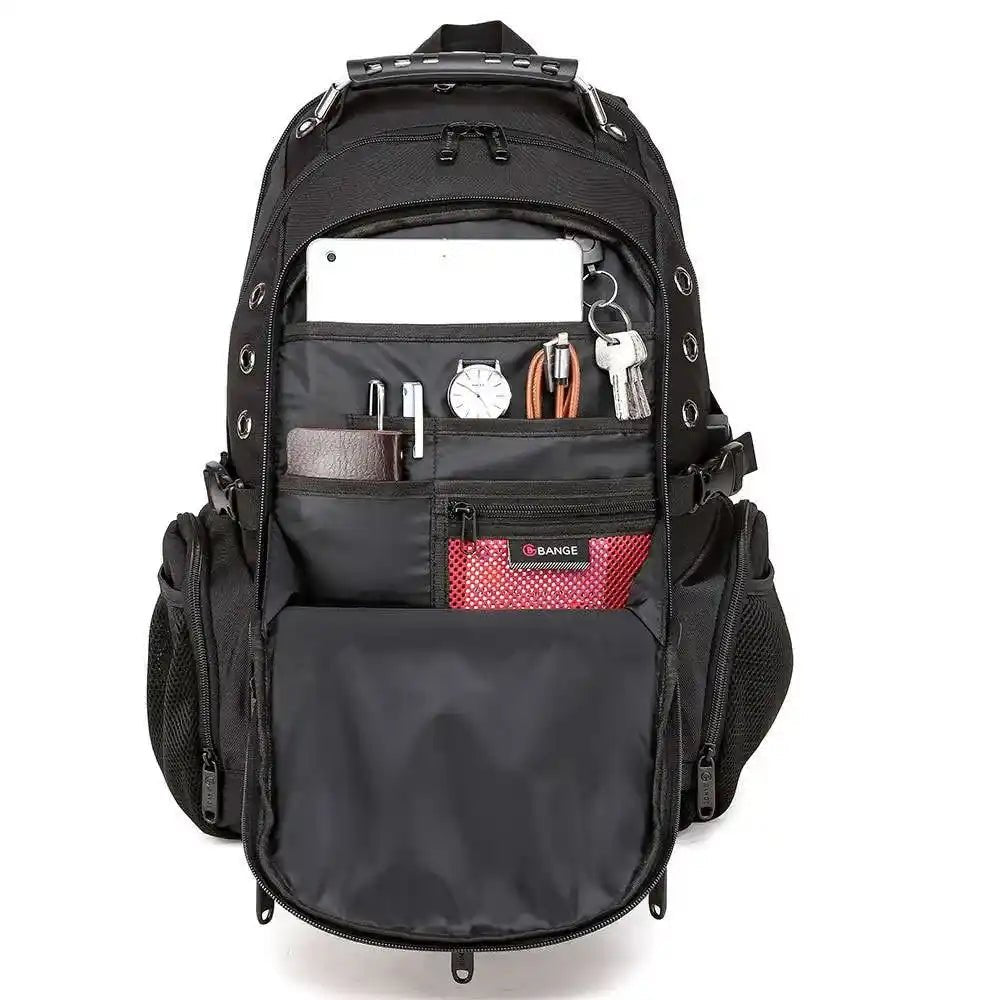 Front organizer view of the BANGE BG-1901 anti-theft laptop backpack showing multiple compartments with wallet, keys, watch, tablet, and daily essentials on a white background