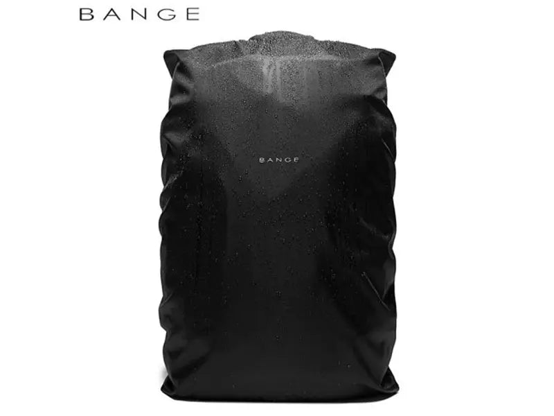 Front view of black BANGE BG-22039 Tenra backpack covered with waterproof rain cover, showing full weather protection design