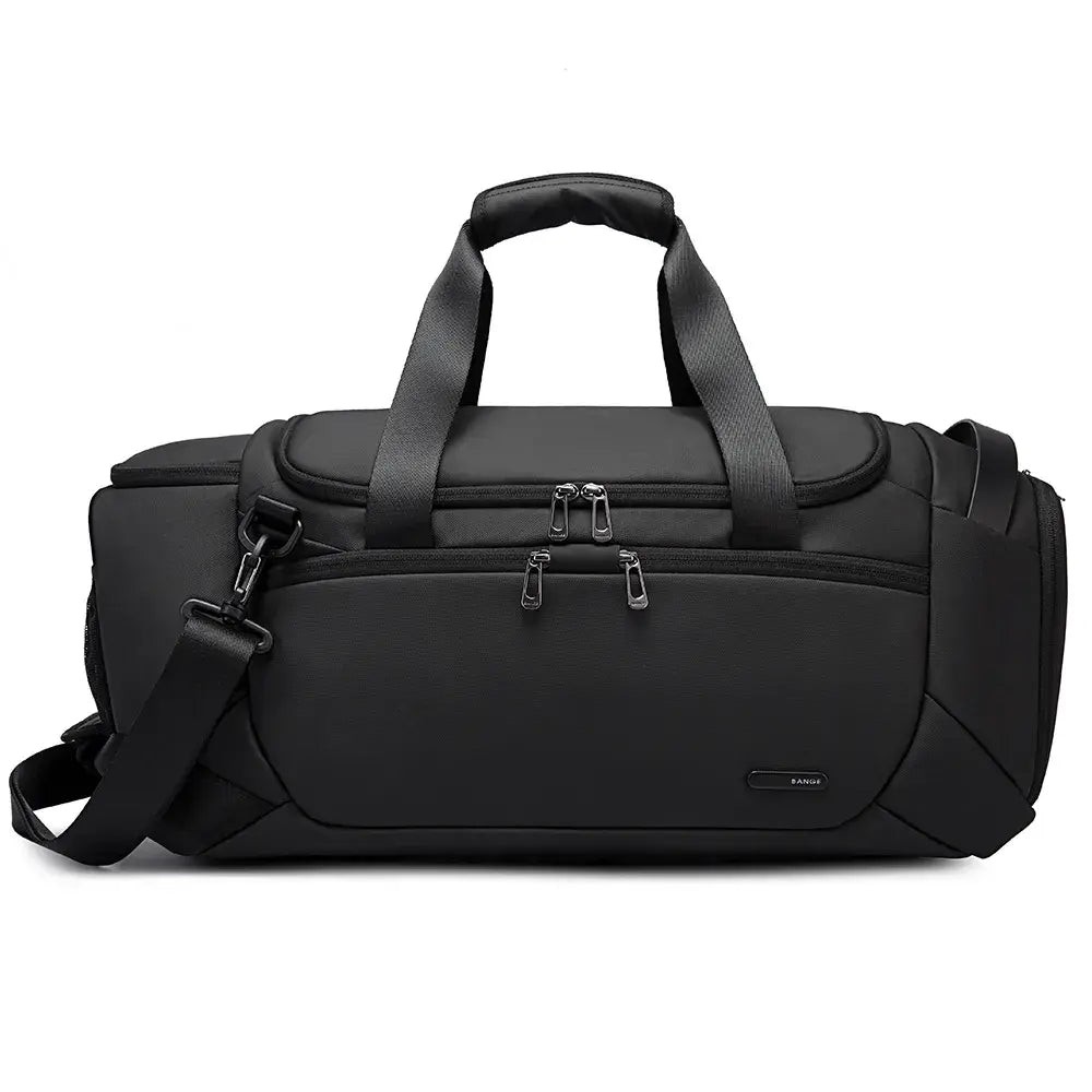 Front view of the BANGE BG-2378 black duffel bag with multiple zippered compartments, top carry handles, and detachable shoulder strap on a white background