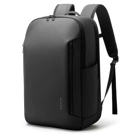 Front view of black BANGE BG-3057 Rynex backpack with minimalist waterproof design, smooth front panel, and padded shoulder straps