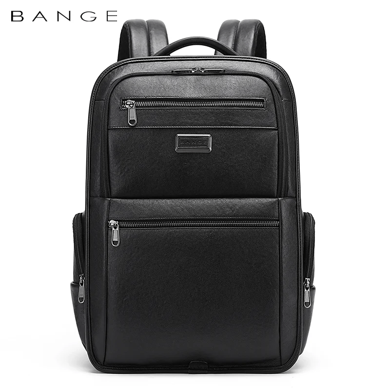 Front view of the BANGE BG-6626 leather business backpack with multiple zippered compartments, structured silhouette, padded shoulder straps, and a professional design on a white background