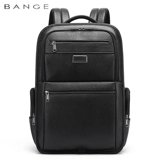 Front view of the BANGE BG-6626 leather business backpack with multiple zippered compartments, structured silhouette, padded shoulder straps, and a professional design on a white background