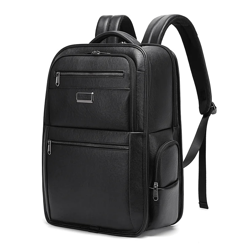 Front view of the BANGE BG-6626 leather business backpack featuring multiple zippered compartments, structured design, padded shoulder straps, and a sleek professional look on a white background