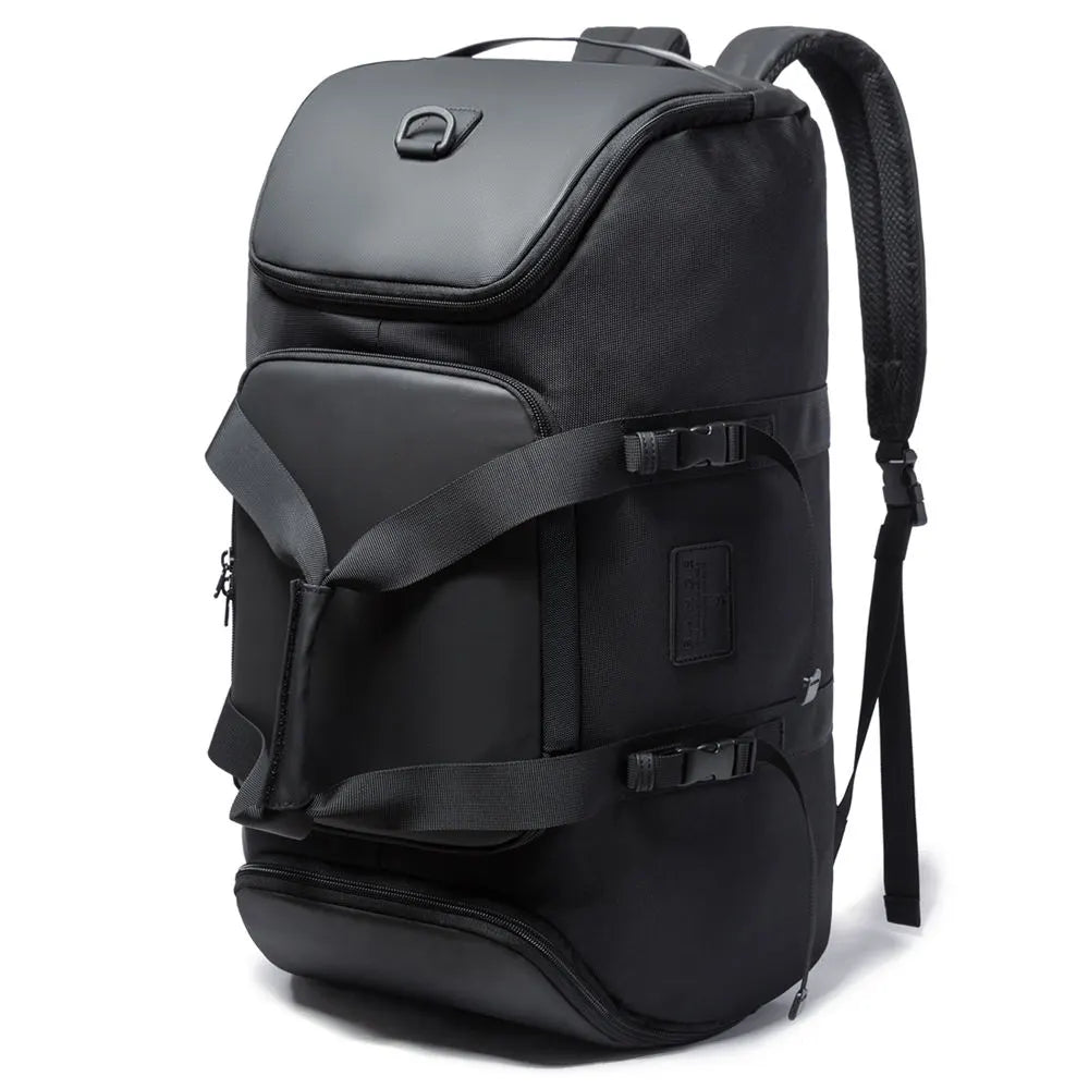 Angled front view of the BANGE BG-7088 black travel backpack featuring compression straps, a structured top flap, and a durable design on a white background