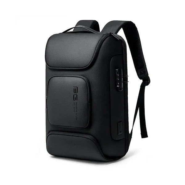 Front view of the BANGE BG-7216 Plus anti-theft backpack, featuring a sleek hard-shell design, secure lock system, and modern black finish for business travel and daily commuting