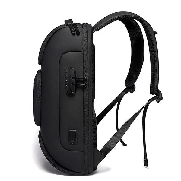 Side view of the BANGE BG-7216 Plus anti-theft backpack, highlighting the slim profile, integrated lock system, and ergonomic shoulder straps on a white background