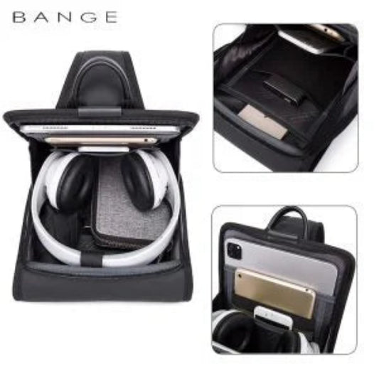 Interior view of black BANGE BG-7252 backpack showing organized compartments for laptop, tablet, phone, headphones, and accessories on a white background