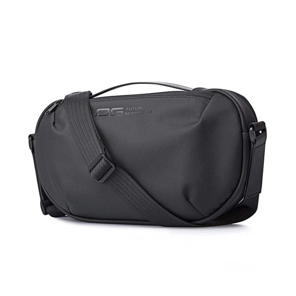 Front angled view of the BANGE BG-7308 anti-theft crossbody shoulder bag showing its compact rectangular design, adjustable shoulder strap, smooth fabric finish, and subtle BANGE branding on a white background