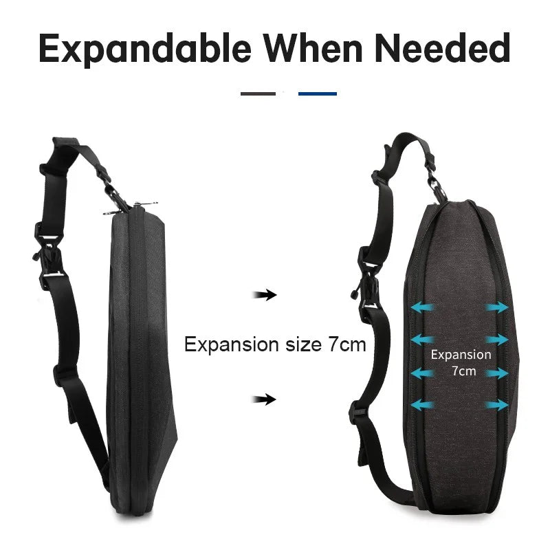 Side profile of Zynox BG-7502 waterproof chest bag showing slim silhouette and expandable feature