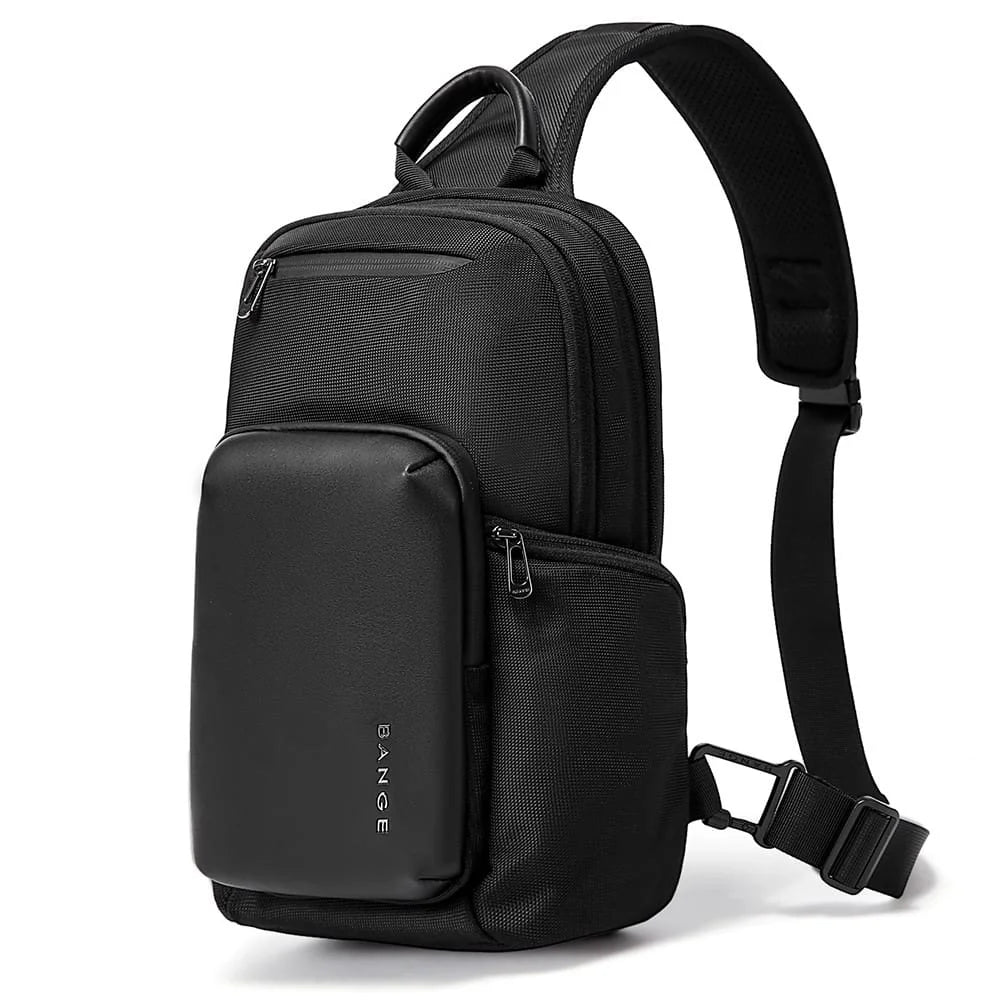 Front view of black BANGE BG-7718 Cyvox sling bag with compact design, zippered pockets, and padded single shoulder strap