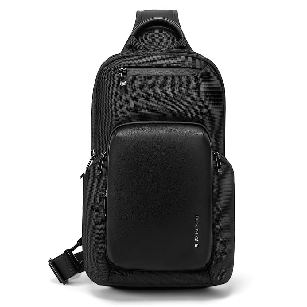 Front view of black BANGE BG-7718 Cyvox sling bag with compact shape, zippered pockets, and minimalist everyday carry design