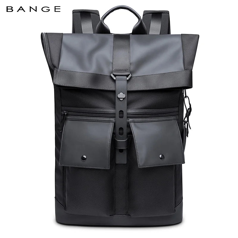 Front view of the BANGE BG-G65 roll-top backpack with buckle closure, front zip pocket, and structured design on a white background