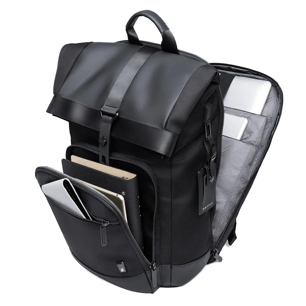 Open view of the BANGE BG-G66 roll-top backpack showing front organizer pocket and internal laptop compartment on a white background