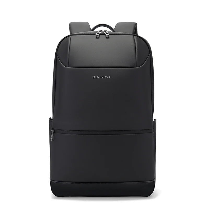 BANGE black backpack front view featuring a minimalist design with a zippered front compartment and logo on a white background