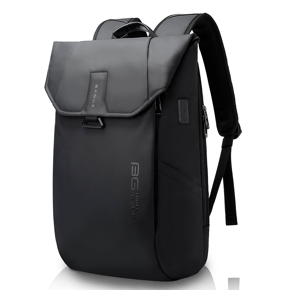 BANGE black flap-top backpack with USB port and water-resistant modern design on a white background