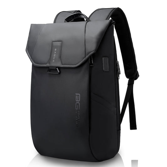 BANGE black flap-top backpack with USB port and water-resistant modern design on a white background