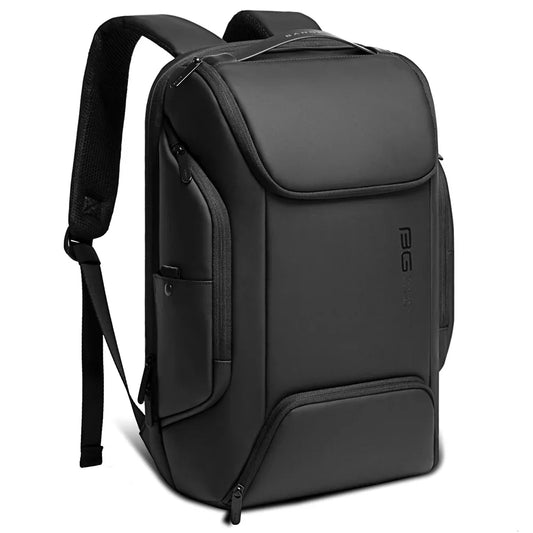 Angled front view of a black BANGE laptop backpack with visible logo on a white background