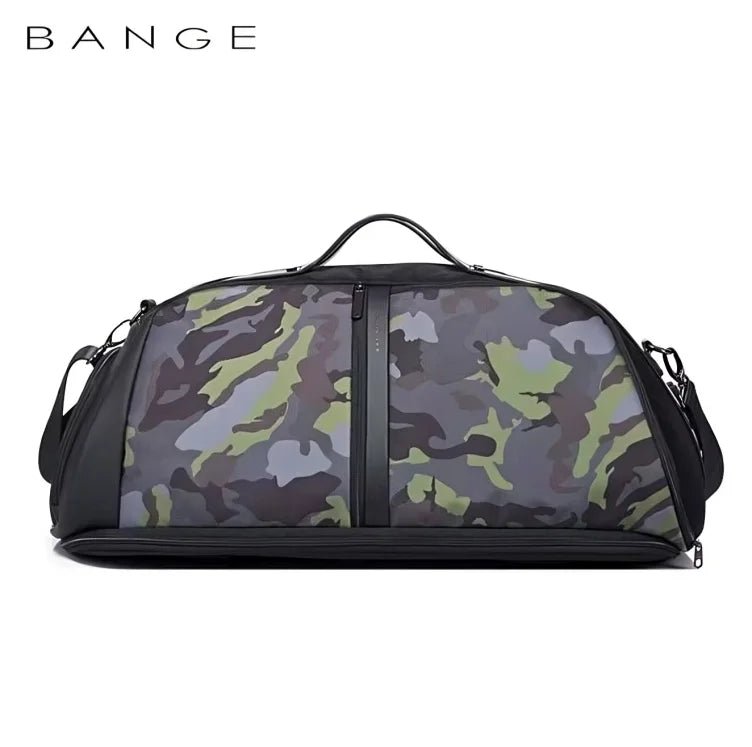 BANGE camouflage travel duffel bag with top carry handle and detachable shoulder strap on a white background