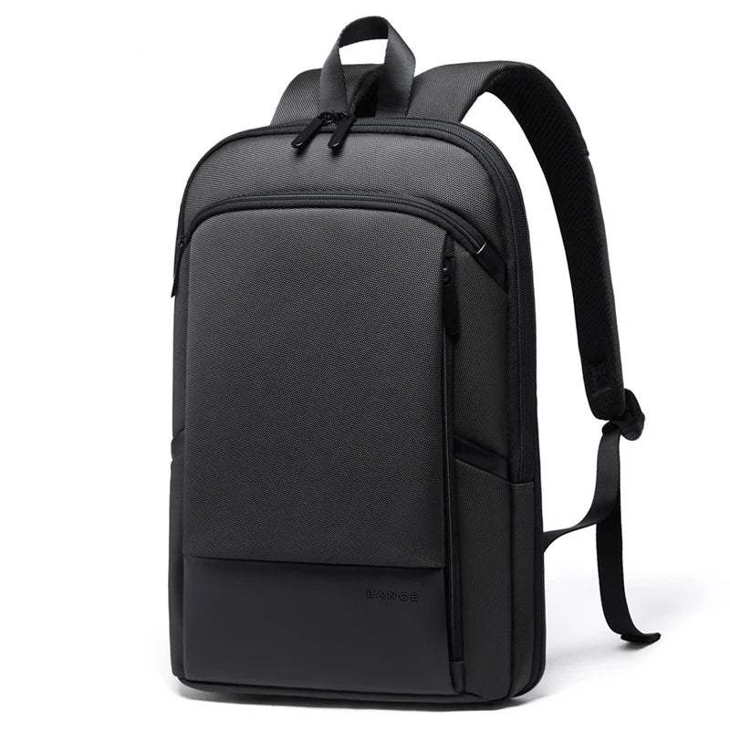 Ontra-BANGE BG-77115 black backpack front view, sleek and slim design made from high-quality Oxford cloth, water-resistant and durable, ideal for professionals and commuters