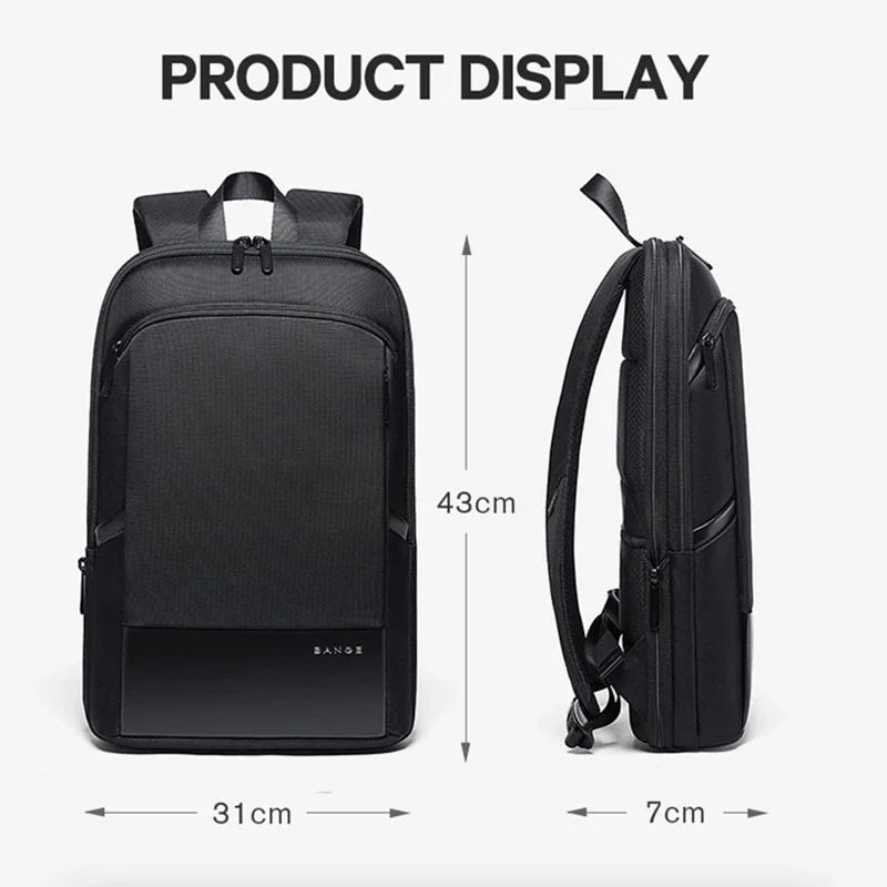 Ontra-BANGE BG-77115 front and side shot with dimensions, premium material and refined stitching, functional and stylish backpack for commuters and travelers