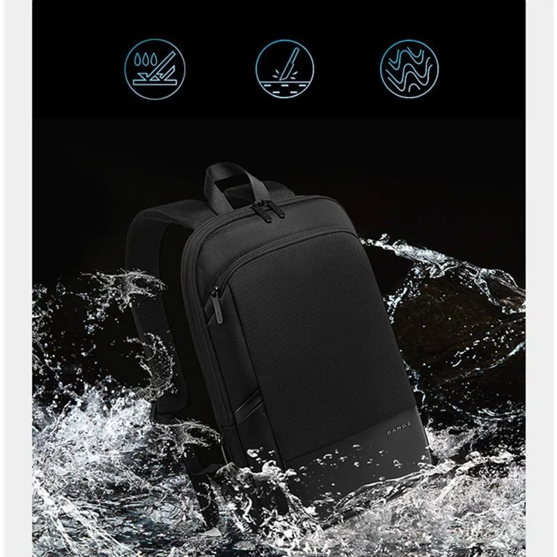 Ontra-BANGE BG-77115 black backpack, ergonomic and slim design, water-resistant Oxford cloth, perfect for commuting, travel, and professional daily use