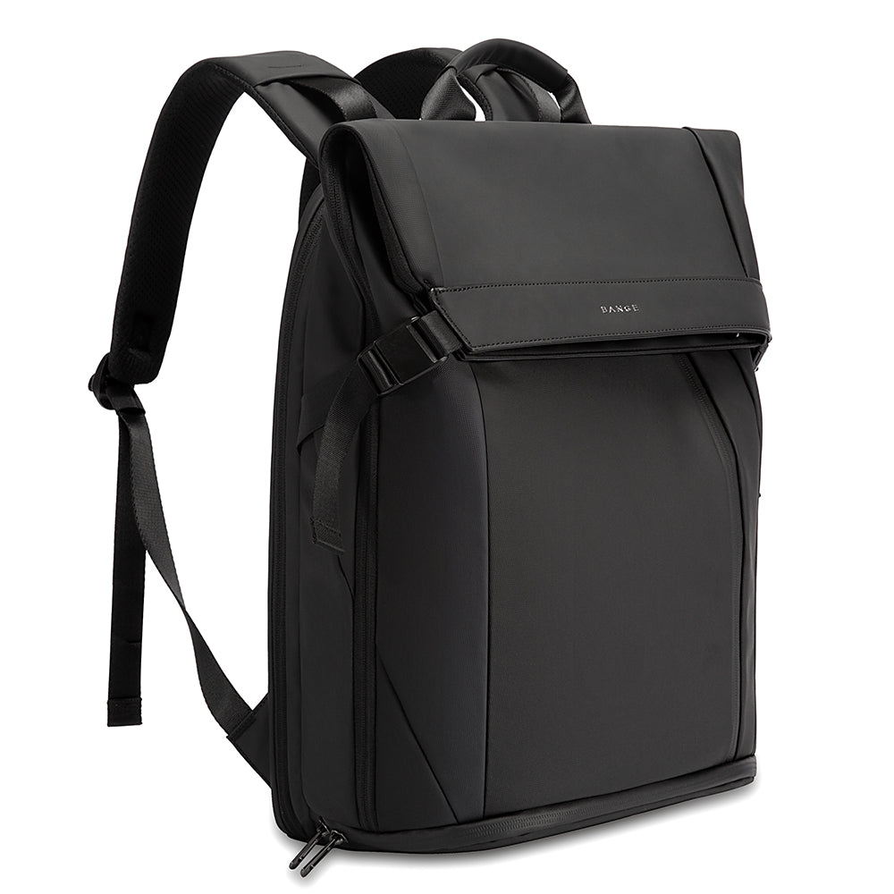 BANGE Vaulta 7700 black travel backpack side view showing padded straps and zippered compartments on a white background