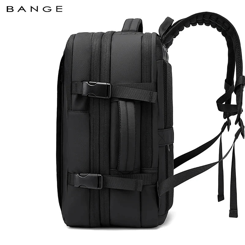 Side view of BANGE 3028 model expandable travel backpack with adjustable compression straps and padded shoulder straps