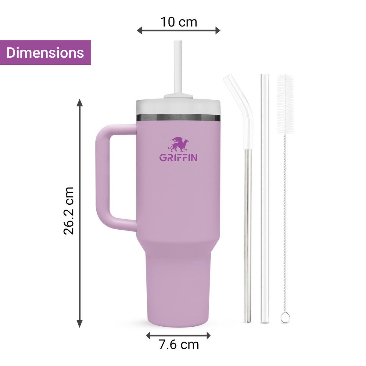 Griffin tumbler dimensions, 26.2 cm tall, 7.6 cm base, with straws and cleaning brush