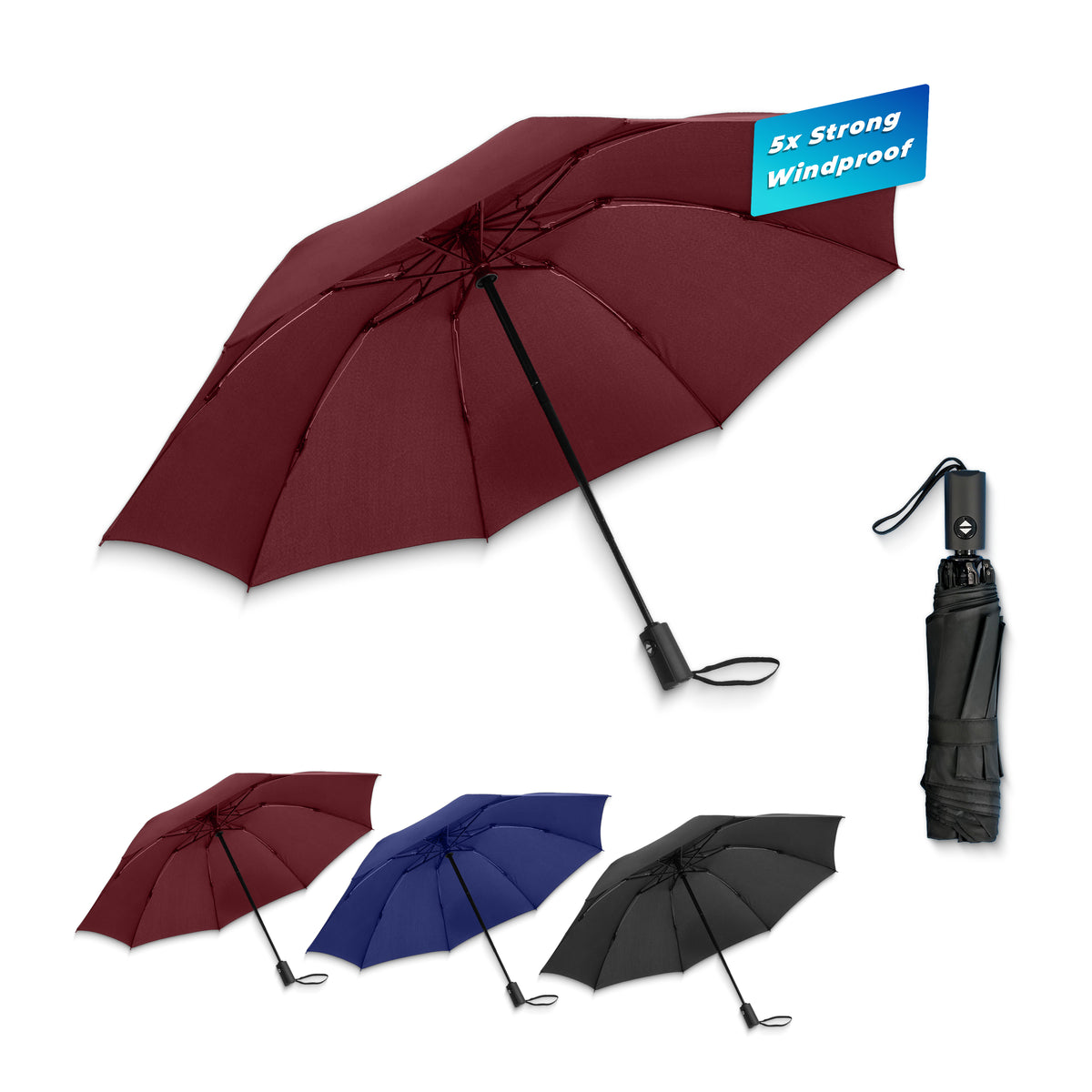 Griffin folding umbrella in bordeaux, open and folded