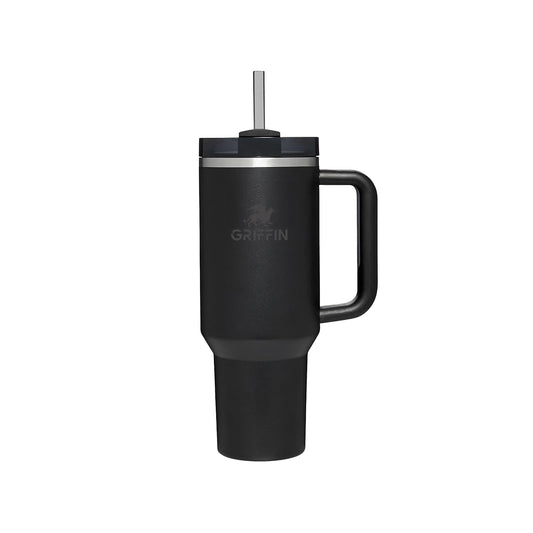 Griffin 40oz tumbler in black with handle and straw
