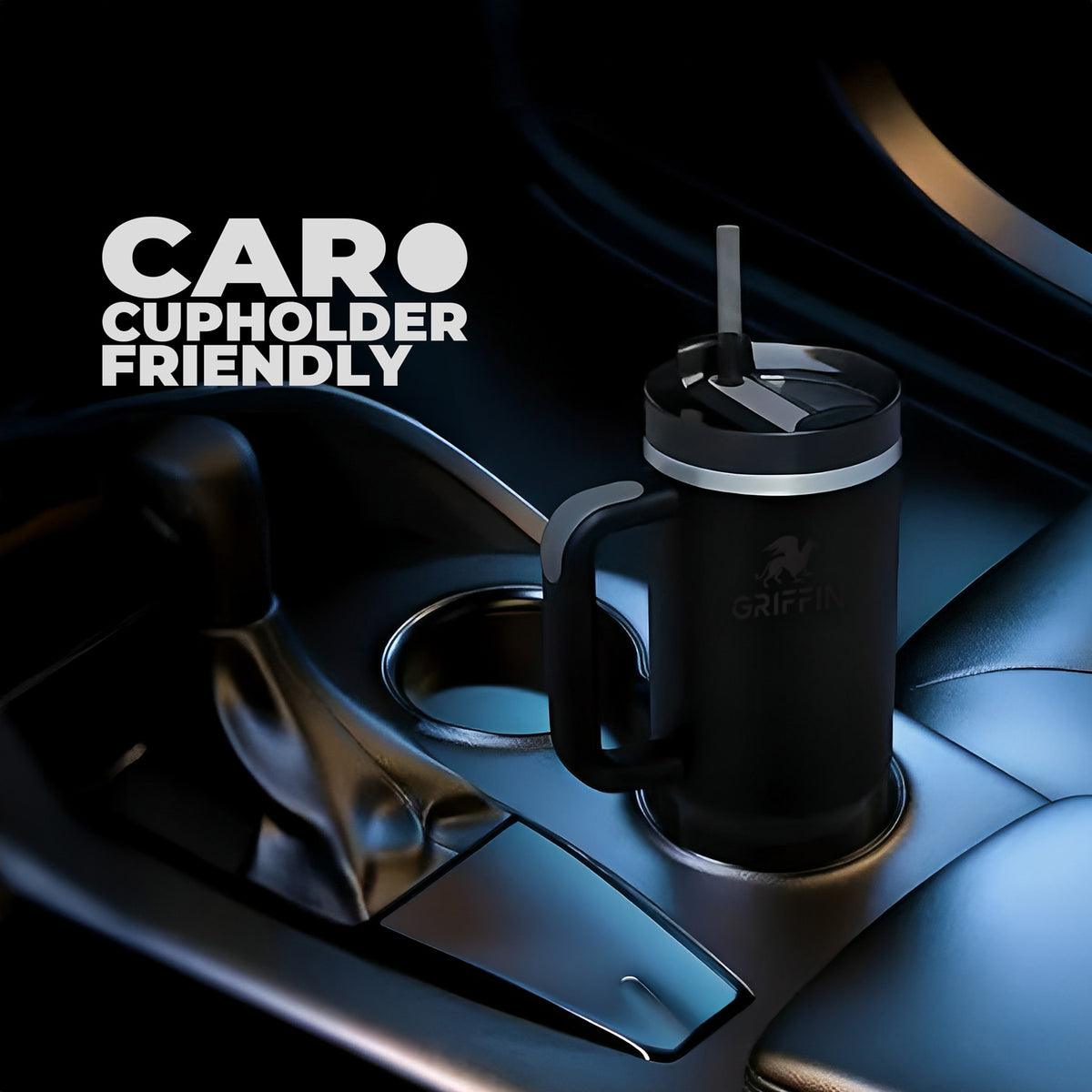 Black Griffin tumbler in a car cup holder