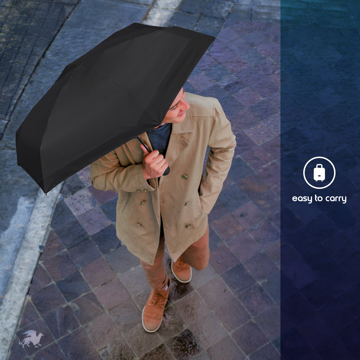 Man walking in the rain under the black Griffin umbrella