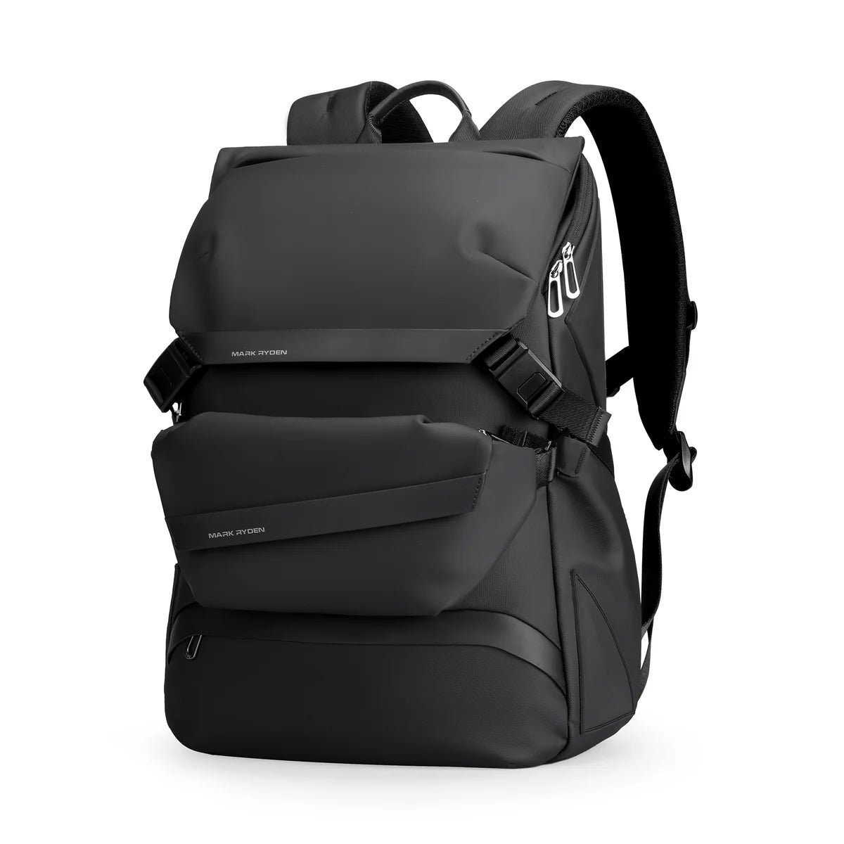 Mark Ryden 2859 black roll-top backpack angled view showing the layered front pockets, adjustable buckle straps, padded shoulder straps, and water-resistant material on a white background