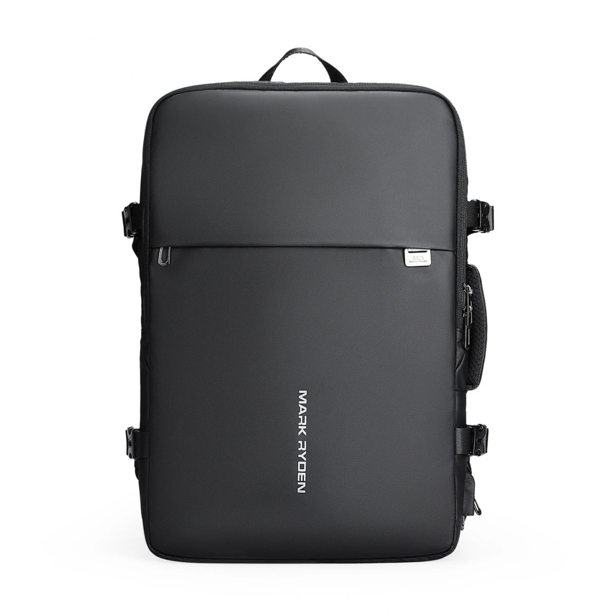 Mark Ryden 8057 black travel backpack front view showing a slim rectangular design with side compression straps and brand logo on a white background