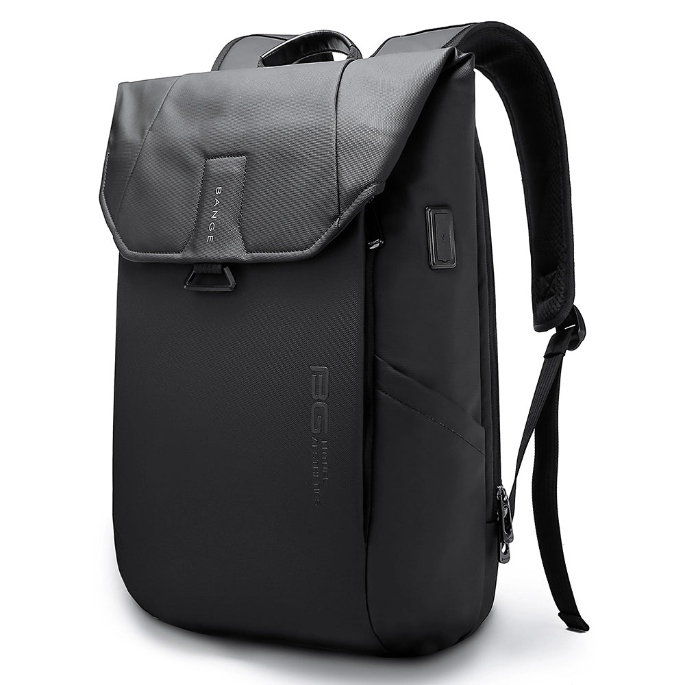 BANGE Xplora BG-2575 black backpack with flap top and USB port, angled front view on white background