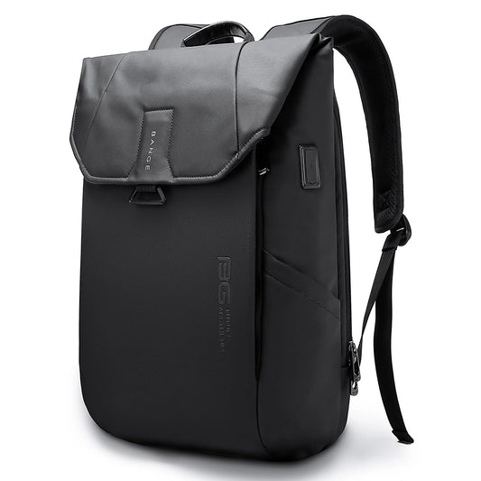 BANGE Xplora BG-2575 black backpack with flap top and USB port, angled front view on white background